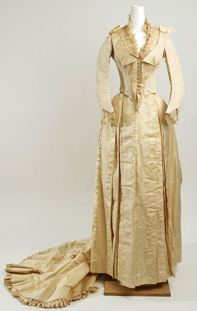 Wedding ensemble, Mrs. E. E. Holland, (a–d) silk
(e, f) leather, American 