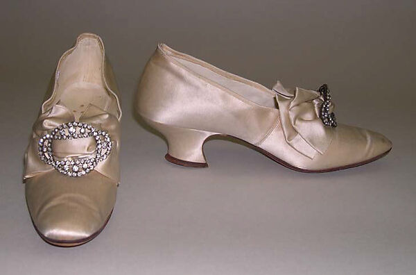 Evening shoes, silk, leather, paste, metal, American 