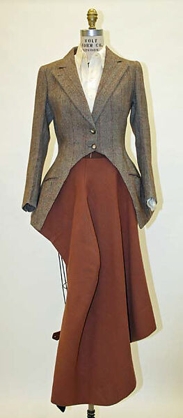 Riding ensemble, (a–c) Roberts &amp; Carroll (British), wool, cotton, silk, leather, wood, British 