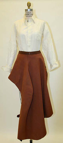 Riding ensemble, (a–c) Roberts &amp; Carroll (British), wool, cotton, silk, leather, wood, British