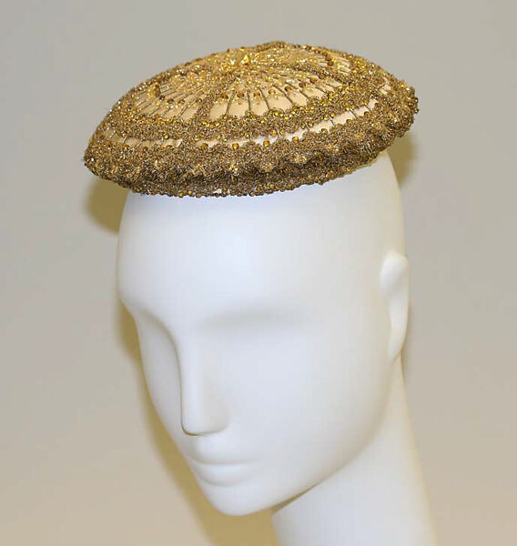 Evening hat, House of Balenciaga (French, founded 1937), silk, metallic, stones, straw, French 