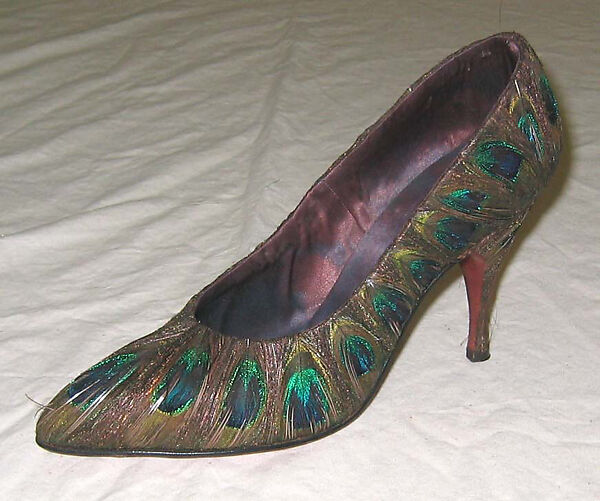 Evening shoes, Beth Levine (American, Patchogue, New York 1914–2006 New York), feathers, leather, American