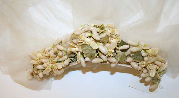 Wedding dress, silk, cotton, glass, plastic, wax, American