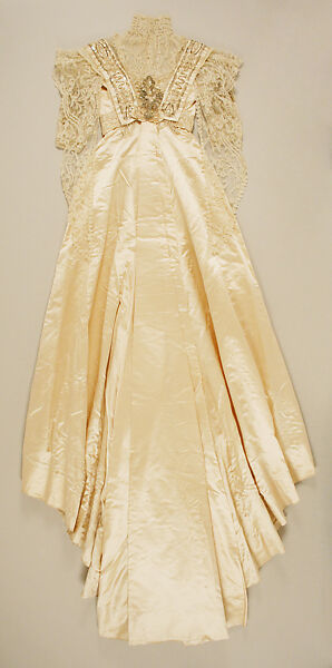 Wedding dress, silk, cotton, glass, plastic, wax, American