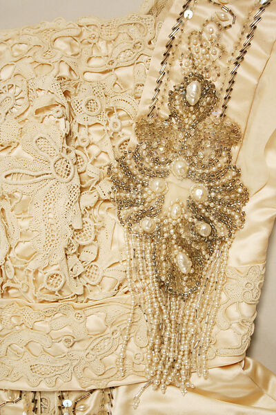 Wedding dress, silk, cotton, glass, plastic, wax, American