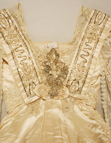 Wedding dress, silk, cotton, glass, plastic, wax, American