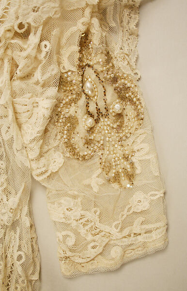 Wedding dress, silk, cotton, glass, plastic, wax, American