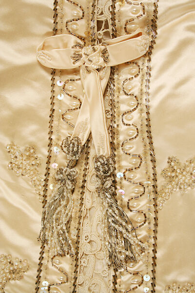 Wedding dress, silk, cotton, glass, plastic, wax, American