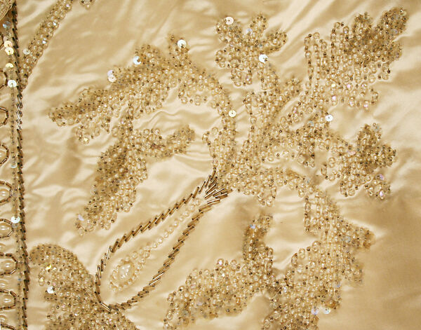 Wedding dress, silk, cotton, glass, plastic, wax, American