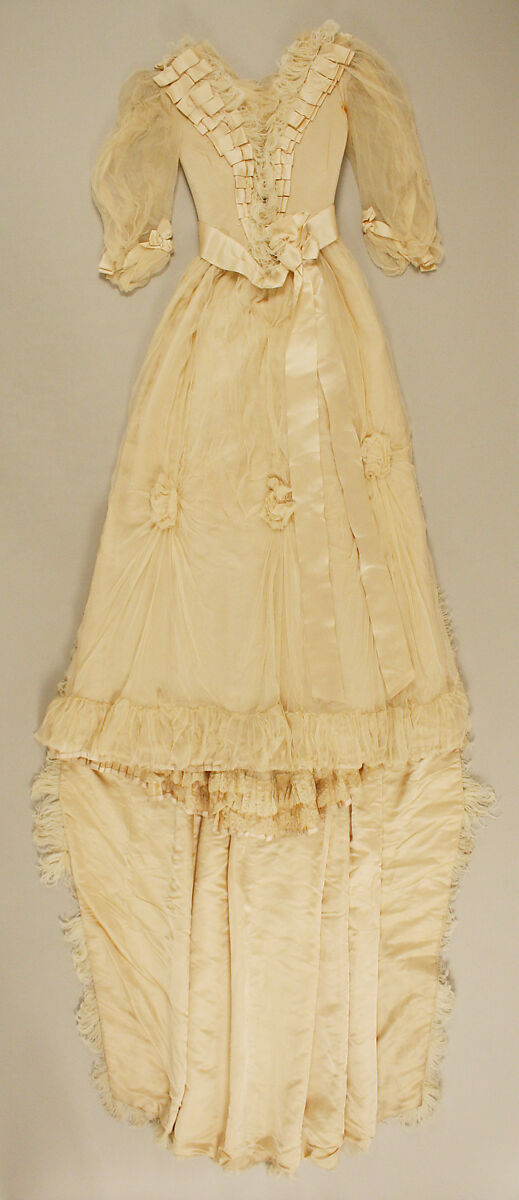 Wedding dress, silk, ostrich feathers, French 