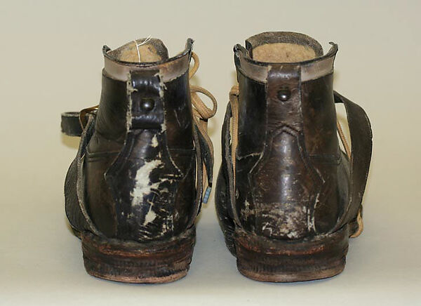 Ski boots, leather, brass, wool, American or European