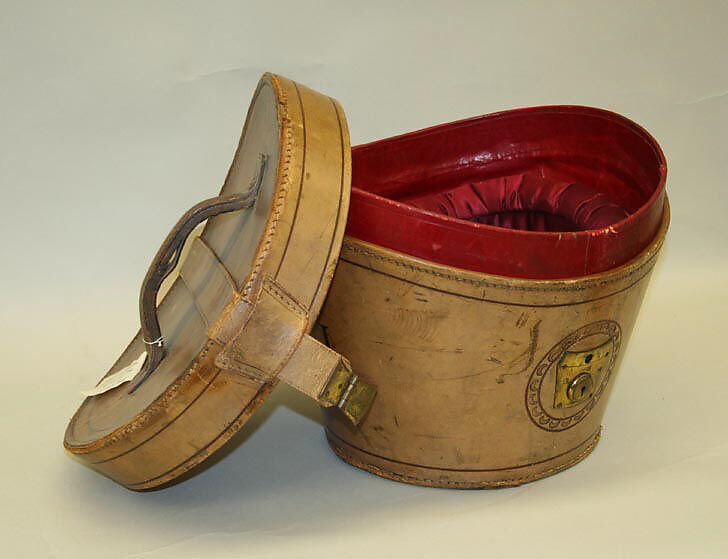 Hatbox, leather, silk, American 