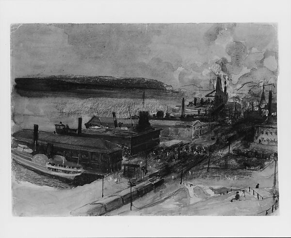 125 Street Ferry, George Overbury "Pop" Hart (American, Cairo, Illinois 1868–1933 New York), Watercolor, black chalk, charcoal, and graphite on brown wood pulp cardboard, American