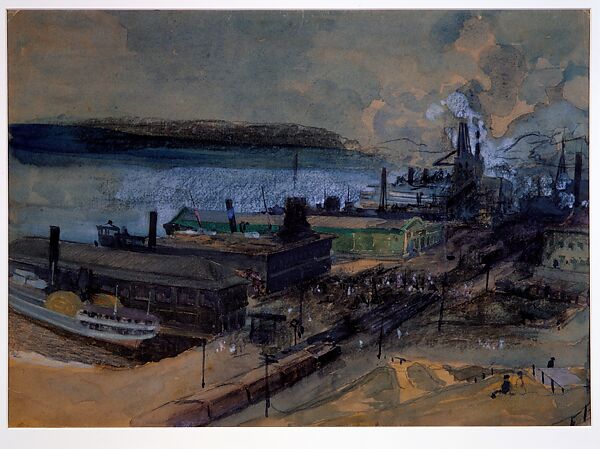 125 Street Ferry, George Overbury "Pop" Hart (American, Cairo, Illinois 1868–1933 New York), Watercolor, black chalk, charcoal, and graphite on brown wood pulp cardboard, American