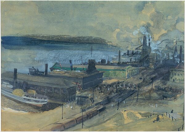 125 Street Ferry, George Overbury "Pop" Hart (American, Cairo, Illinois 1868–1933 New York), Watercolor, black chalk, charcoal, and graphite on brown wood pulp cardboard, American 