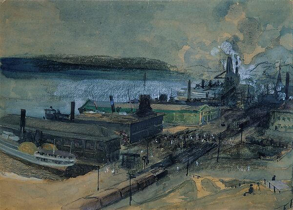 125 Street Ferry, George Overbury "Pop" Hart (American, Cairo, Illinois 1868–1933 New York), Watercolor, black chalk, charcoal, and graphite on brown wood pulp cardboard, American