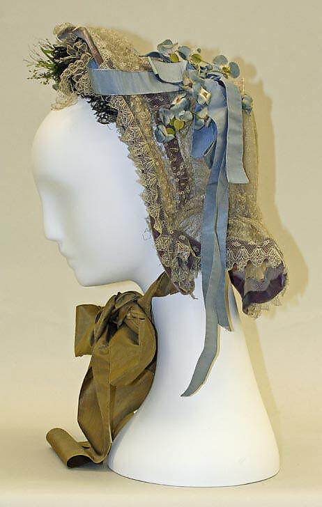 Bonnet, cotton, silk, metal, American 