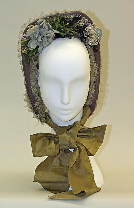 Bonnet, cotton, silk, metal, American