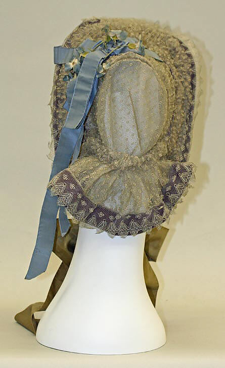 Bonnet, cotton, silk, metal, American