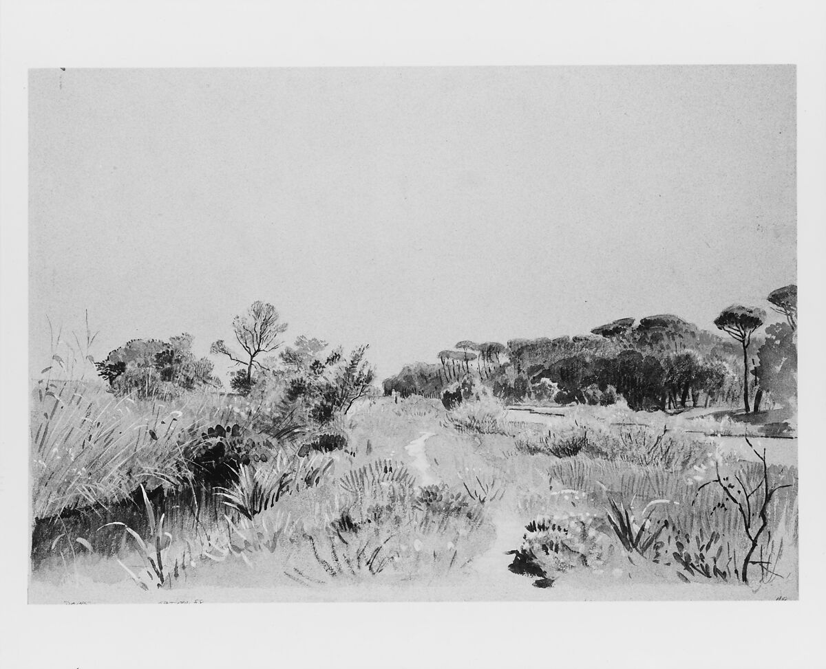 Castel Fusano—Near Rome, William Stanley Haseltine (American, Philadelphia, Pennsylvania 1835–1900 Rome), Watercolor, gouache, and graphite on blue wove paper, American