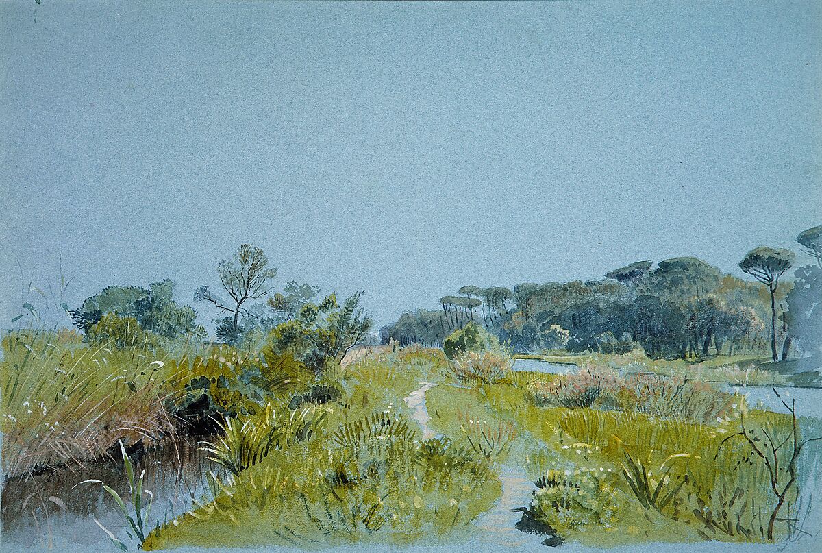 Castel Fusano—Near Rome, William Stanley Haseltine (American, Philadelphia, Pennsylvania 1835–1900 Rome), Watercolor, gouache, and graphite on blue wove paper, American