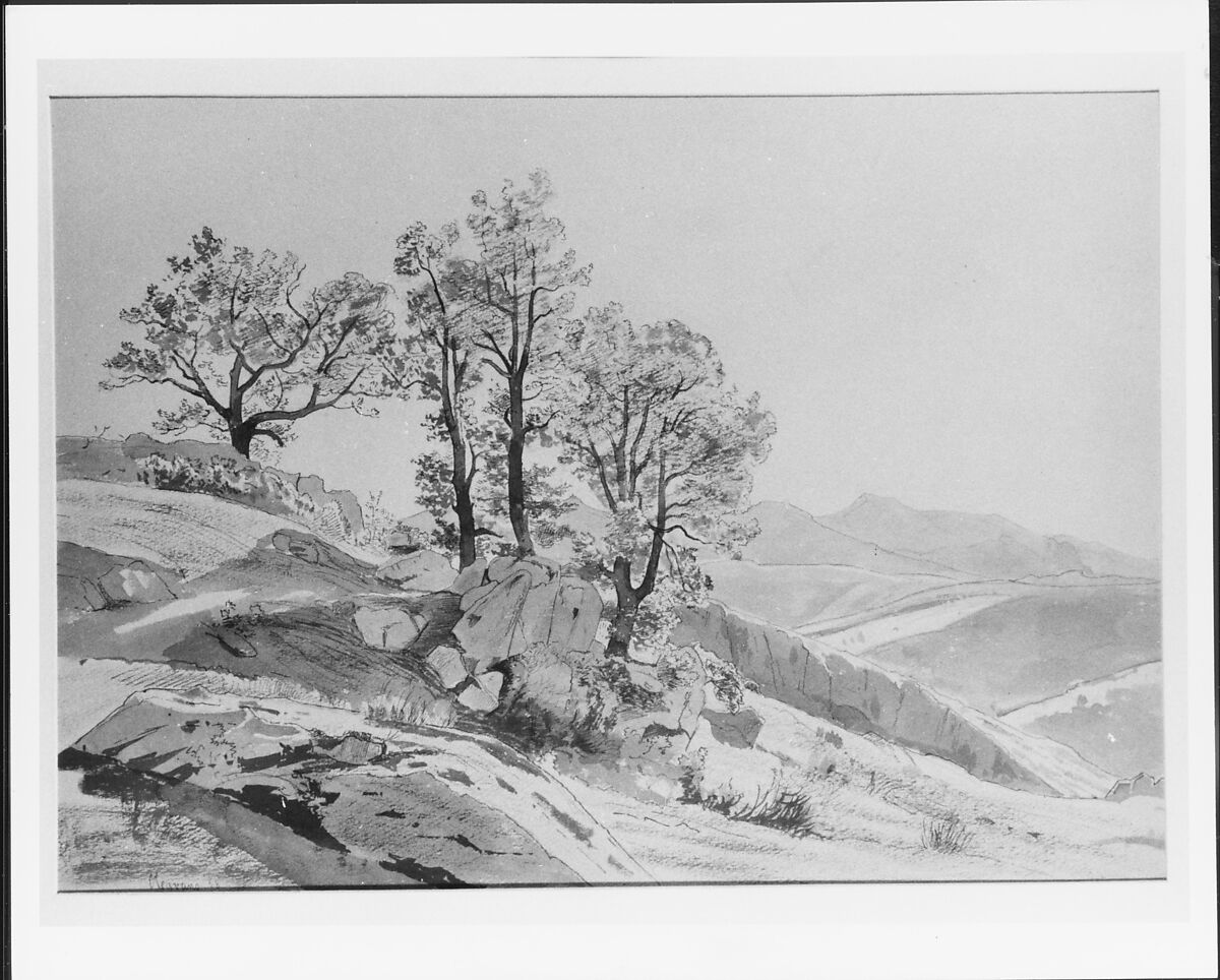 Olevano (Campagna Romana), William Stanley Haseltine (American, Philadelphia, Pennsylvania 1835–1900 Rome), Pen, black ink, gray wash, and graphite underwriting on paper, American