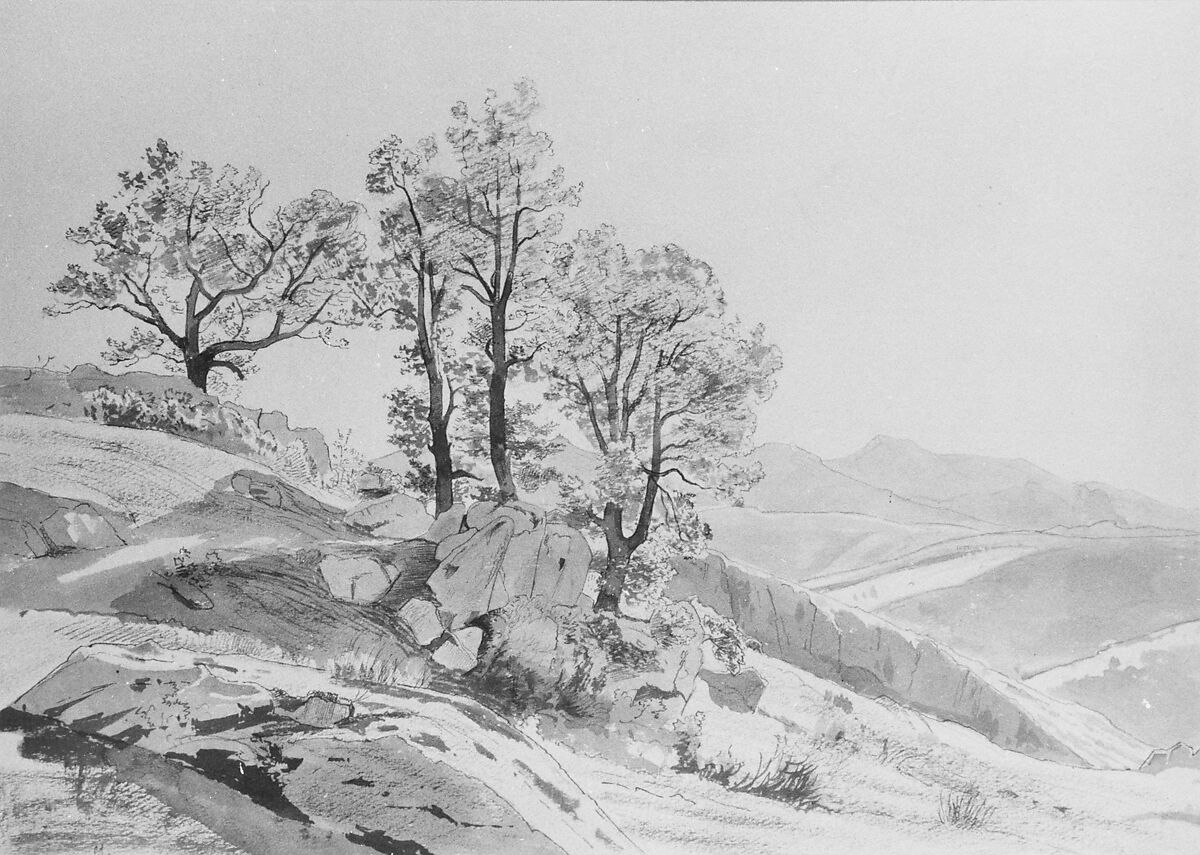 Olevano (Campagna Romana), William Stanley Haseltine (American, Philadelphia, Pennsylvania 1835–1900 Rome), Pen, black ink, gray wash, and graphite underwriting on paper, American 