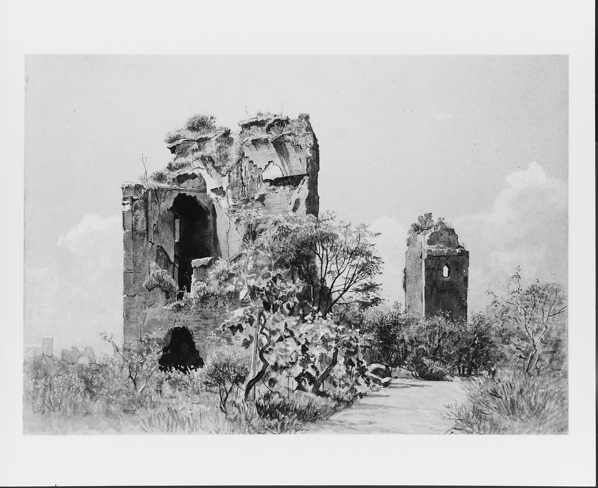 Baths of Trajan (Sette Sale, Villa Brancaccio, Rome), William Stanley Haseltine (American, Philadelphia, Pennsylvania 1835–1900 Rome), Watercolor, gouache, and charcoal on blue wove paper, American
