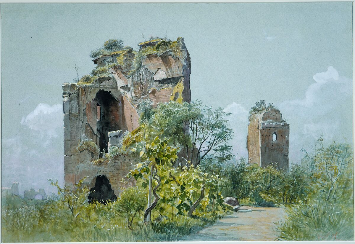 Baths of Trajan (Sette Sale, Villa Brancaccio, Rome), William Stanley Haseltine (American, Philadelphia, Pennsylvania 1835–1900 Rome), Watercolor, gouache, and charcoal on blue wove paper, American 