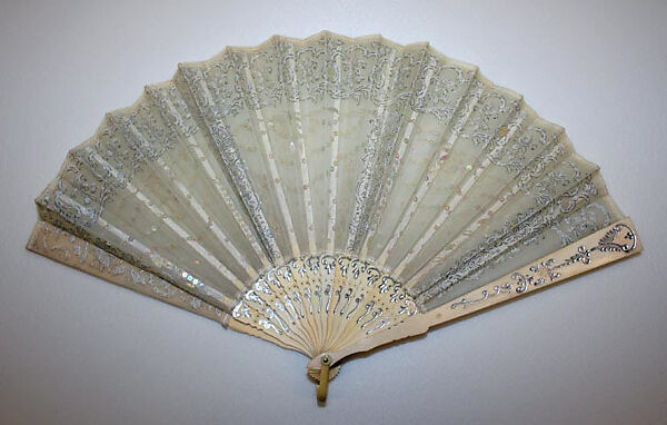 Fan, ivory or bone, silk, plastic, American or European 