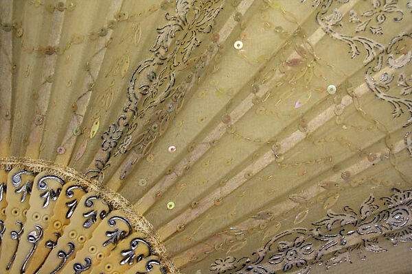 Fan, ivory or bone, silk, plastic, American or European
