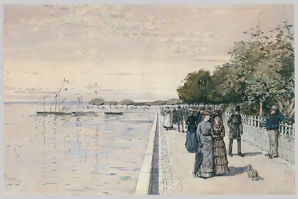 Promenade, Childe Hassam  American, Watercolor, gouache, and graphite on off-white wove paper, American