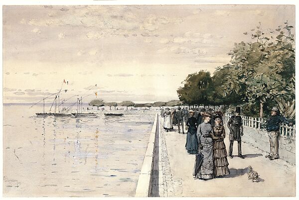 Promenade, Childe Hassam (American, Dorchester, Massachusetts 1859–1935 East Hampton, New York), Watercolor, gouache, and graphite on off-white wove paper, American
