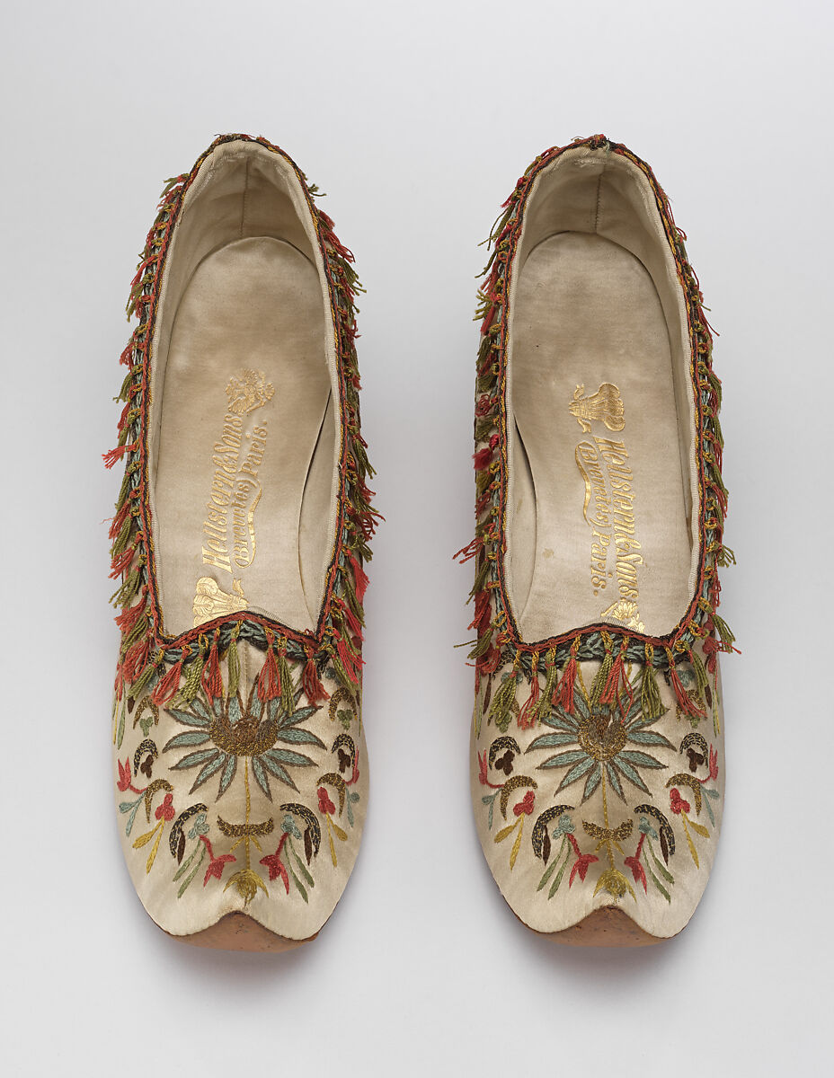 Shoes, Hellstern and Sons (French, active 1870–ca. 1972), Silk, metallic thread, leather, French