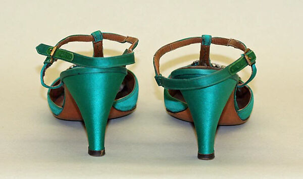 Evening slippers, I. Miller (American, founded 1911), silk, leather, rhinestones, metal, American