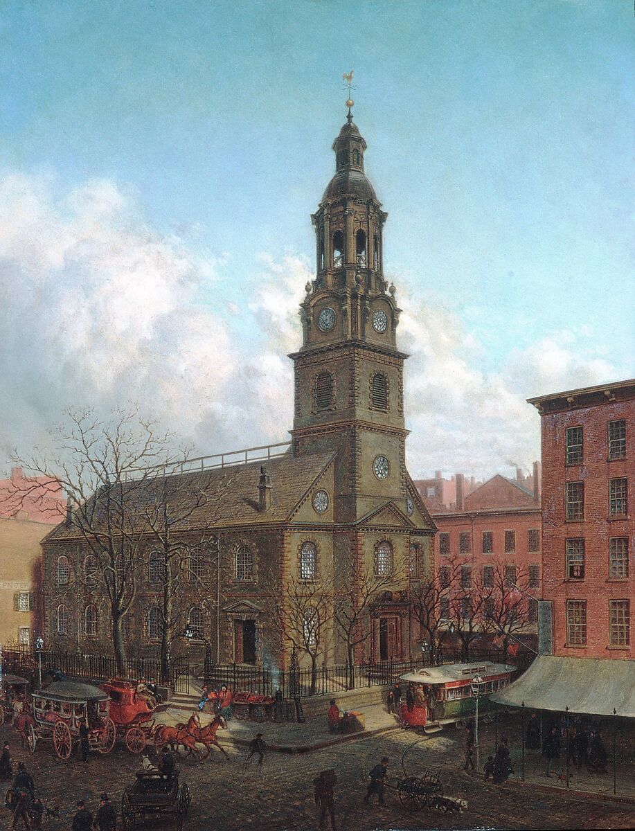 The North Dutch Church, Fulton and William Streets, New York, Edward Lamson Henry (American, Charleston, South Carolina 1841–1919 Ellenville, New York), Oil on academy board, American 