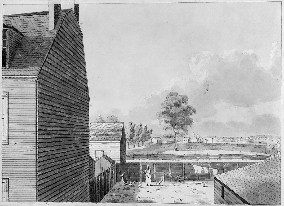 View from My Work Room Window in Hammond Street, New York City, John Hill (American (born England), London 1770–1850 Clarksville, New York), Watercolor, pen and black ink, and graphite on off-white wove paper, American