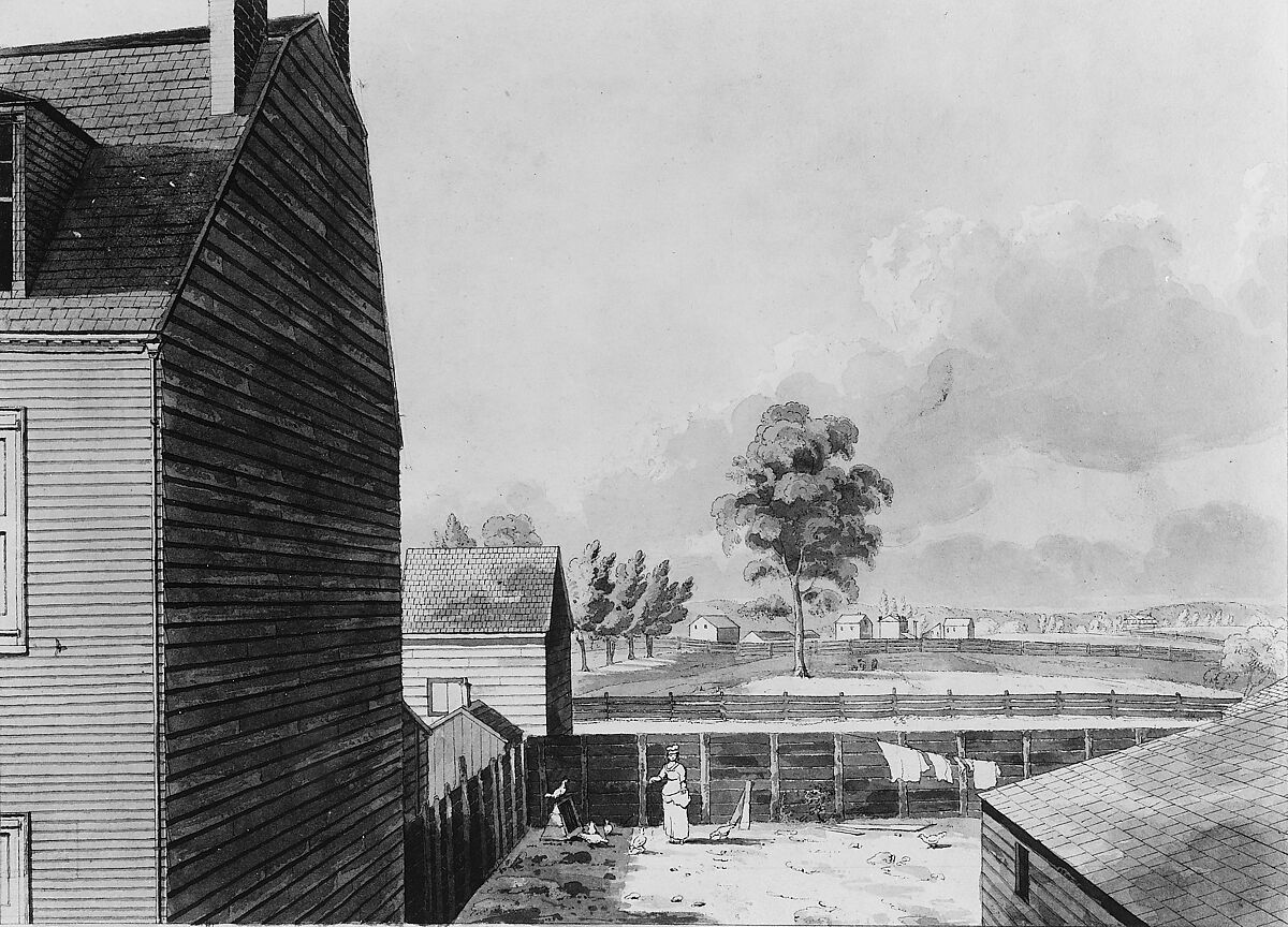 View from My Work Room Window in Hammond Street, New York City, John Hill (American (born England), London 1770–1850 Clarksville, New York), Watercolor, pen and black ink, and graphite on off-white wove paper, American 
