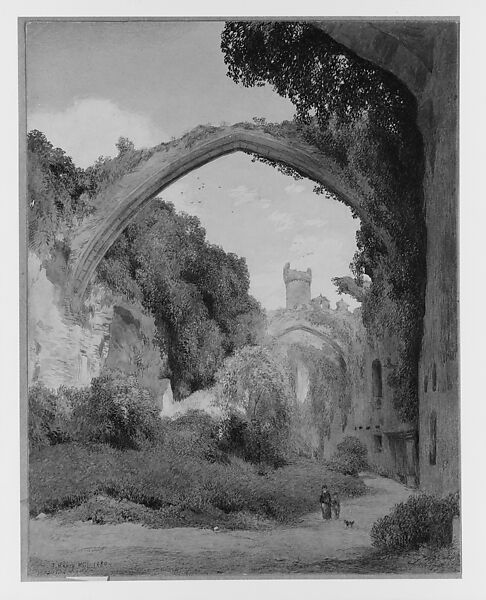 View of a Ruined English Abbey, John Henry Hill (American, West Nyack, New York 1839–1922), Watercolor, graphite, and gouache on off-white wove paper, American