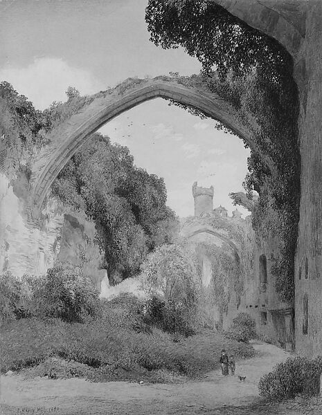 View of a Ruined English Abbey, John Henry Hill (American, West Nyack, New York 1839–1922), Watercolor, graphite, and gouache on off-white wove paper, American 