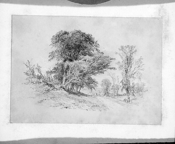 Wooded Country Lane with Figure in Distance (from Cropsey Album), John Henry Hill (American, West Nyack, New York 1839–1922), Watercolor, black chalk, and reserve on white, heavy weight, finely textured, wove paper (oval cut), American