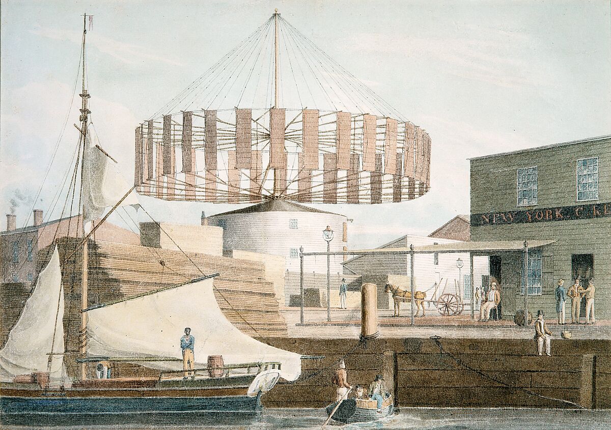 Circular Mill, King Street, New York, John William Hill (American (born England), London 1812–1879 West Nyack, New York), Watercolor on off-white laid paper, American
