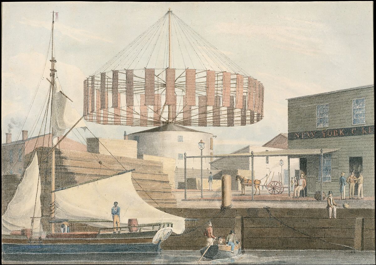 Circular Mill, King Street, New York, John William Hill (American (born England), London 1812–1879 West Nyack, New York), Watercolor on off-white laid paper, American 