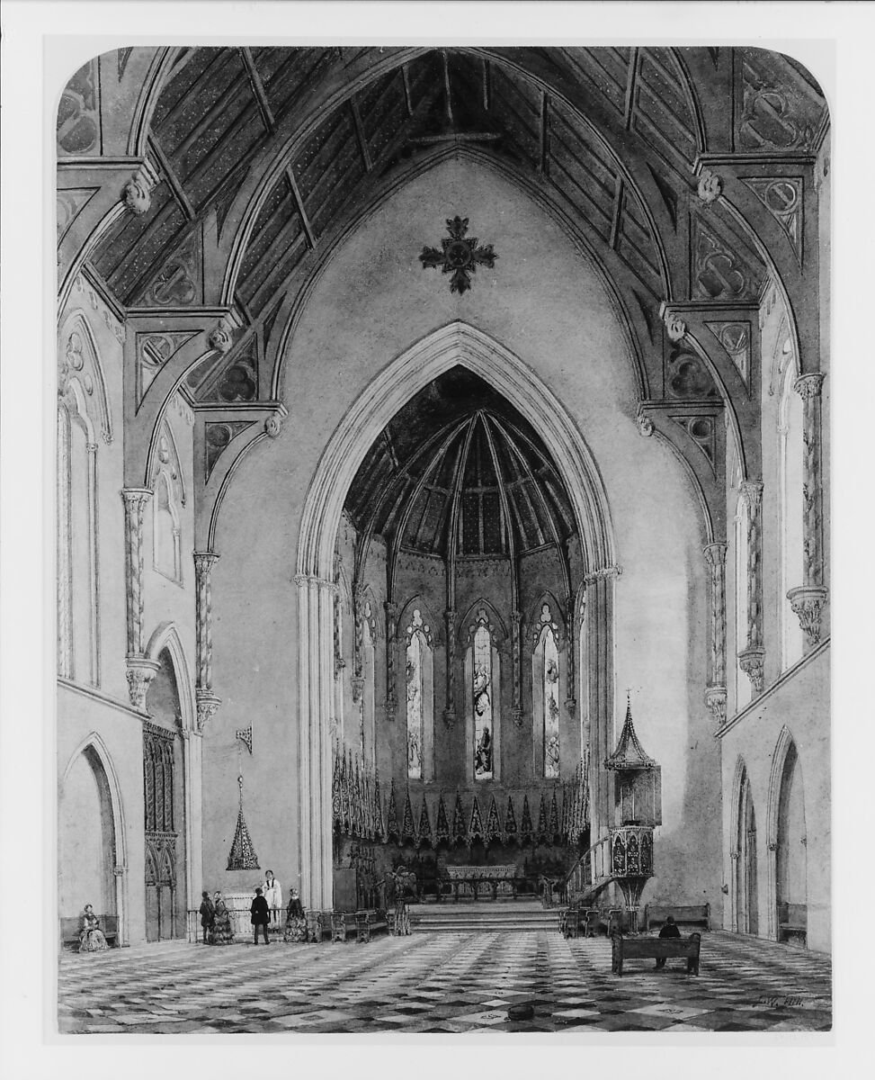 Chancel of Trinity Chapel, New York, John William Hill (American (born England), London 1812–1879 West Nyack, New York), Watercolor, gouache, black ink, graphite, and gum arabic on off-white wove paper, American