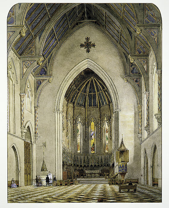 Chancel of Trinity Chapel, New York, John William Hill (American (born England), London 1812–1879 West Nyack, New York), Watercolor, gouache, black ink, graphite, and gum arabic on off-white wove paper, American 