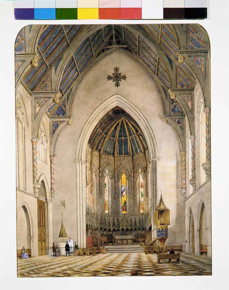 Chancel of Trinity Chapel, New York, John William Hill (American (born England), London 1812–1879 West Nyack, New York), Watercolor, gouache, black ink, graphite, and gum arabic on off-white wove paper, American