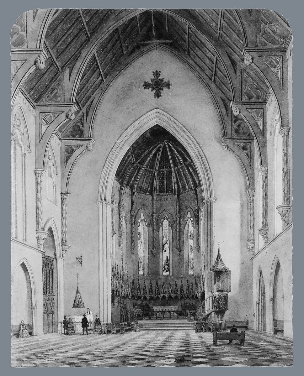 Chancel of Trinity Chapel, New York, John William Hill (American (born England), London 1812–1879 West Nyack, New York), Watercolor, gouache, black ink, graphite, and gum arabic on off-white wove paper, American