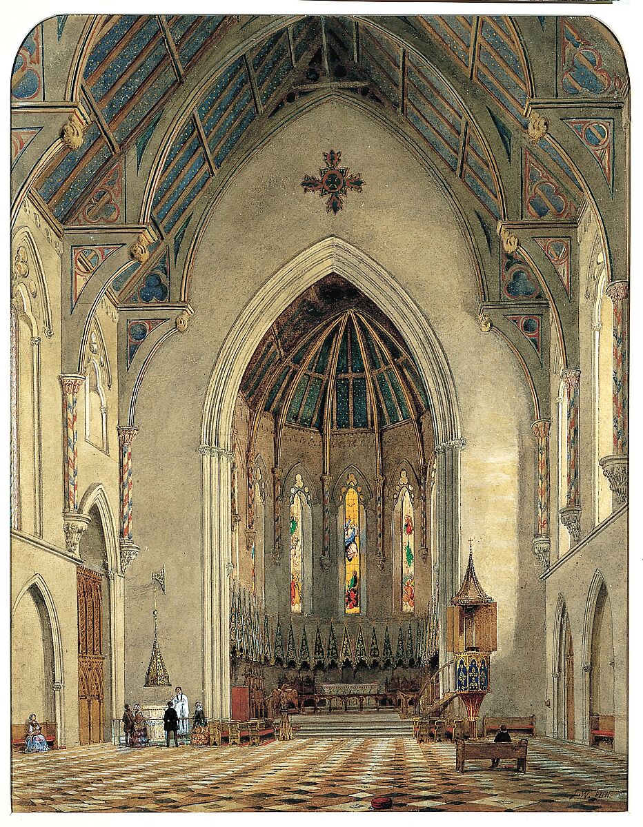 Chancel of Trinity Chapel, New York, John William Hill (American (born England), London 1812–1879 West Nyack, New York), Watercolor, gouache, black ink, graphite, and gum arabic on off-white wove paper, American