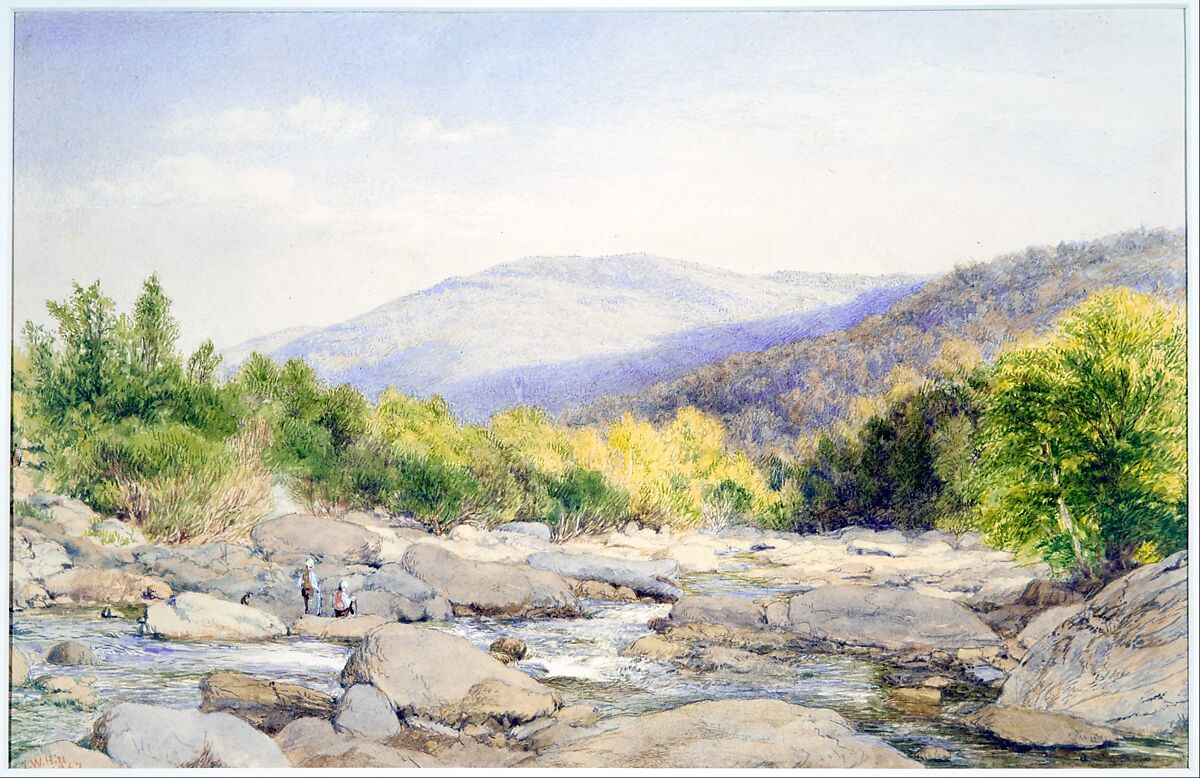 Landscape: View on Catskill Creek, John William Hill (American (born England), London 1812–1879 West Nyack, New York), Watercolor, gouache, and graphite on off-white wove paper, American