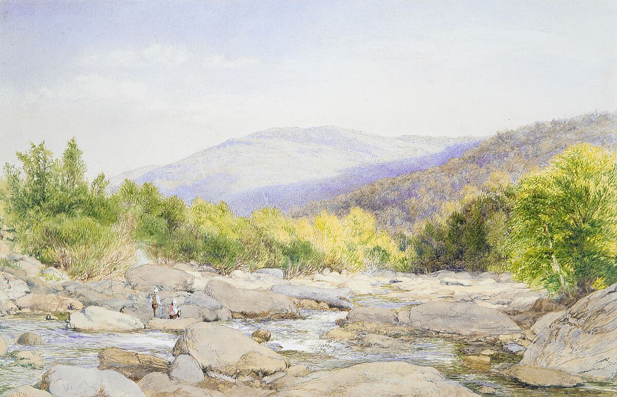 Landscape: View on Catskill Creek, John William Hill (American (born England), London 1812–1879 West Nyack, New York), Watercolor, gouache, and graphite on off-white wove paper, American 
